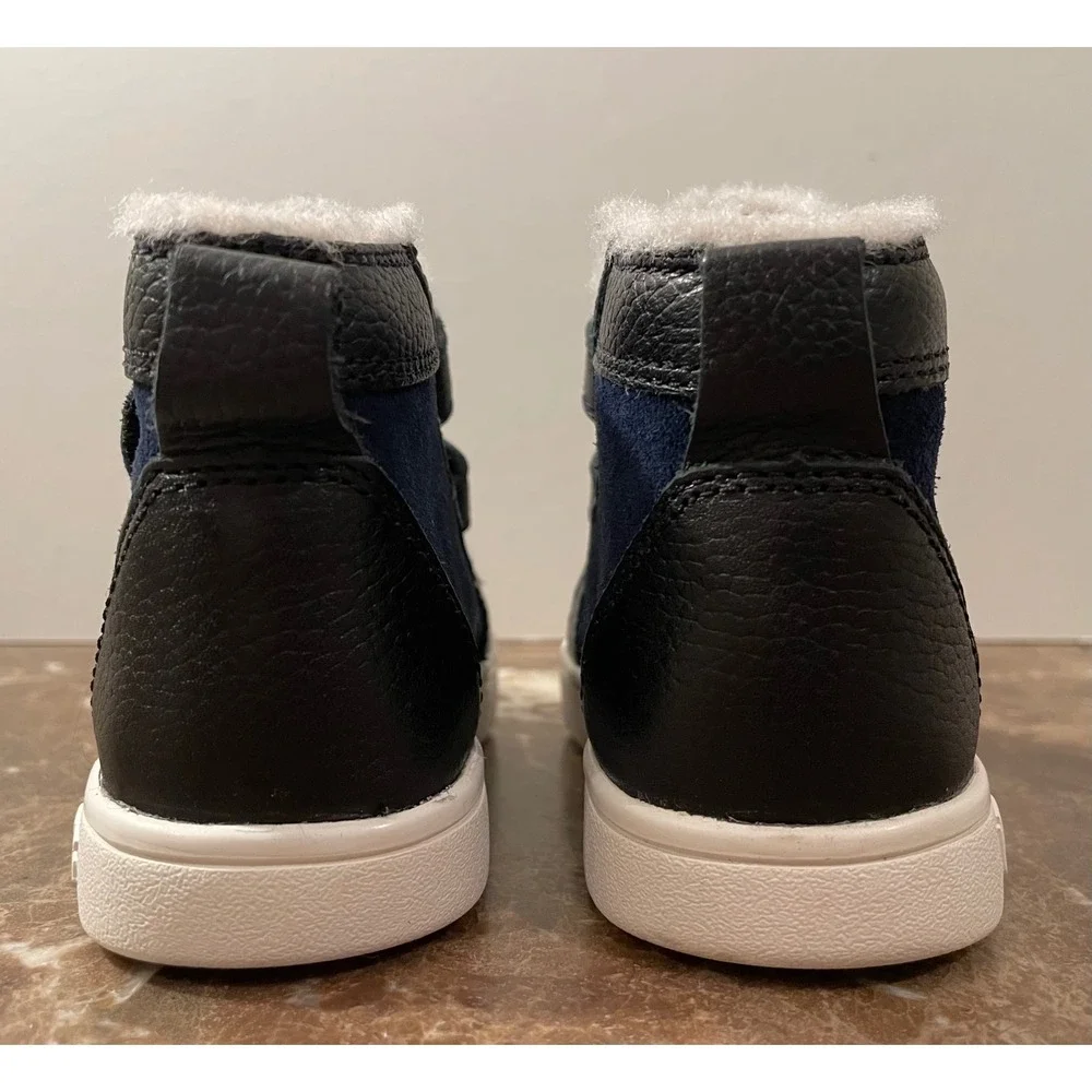 UGG Kids Rennon II Black Blue Leather‎ Suede Sherpa Lined Hook Loop Boots Kids 6